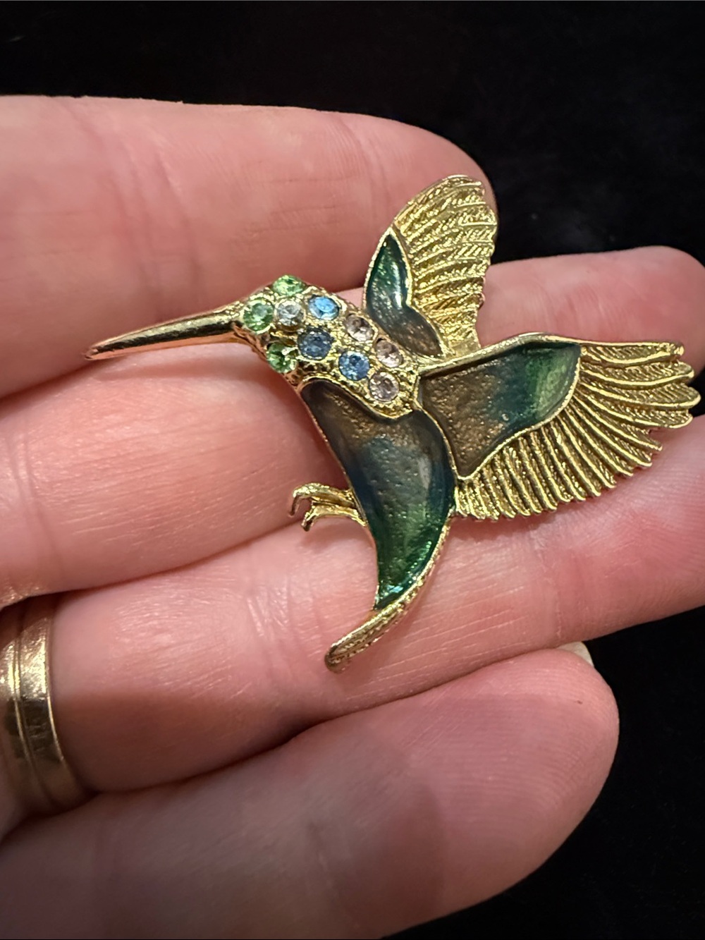 SFJ Gold Tone Hummingbird Brooch with Blue Green Enamel and Rhinestones. - Picture 4 of 4